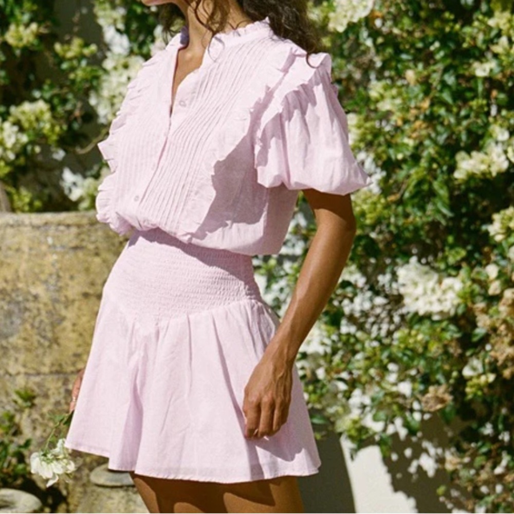 sabo skirt light pink shirred waist puff sleeve jasmine mini dress